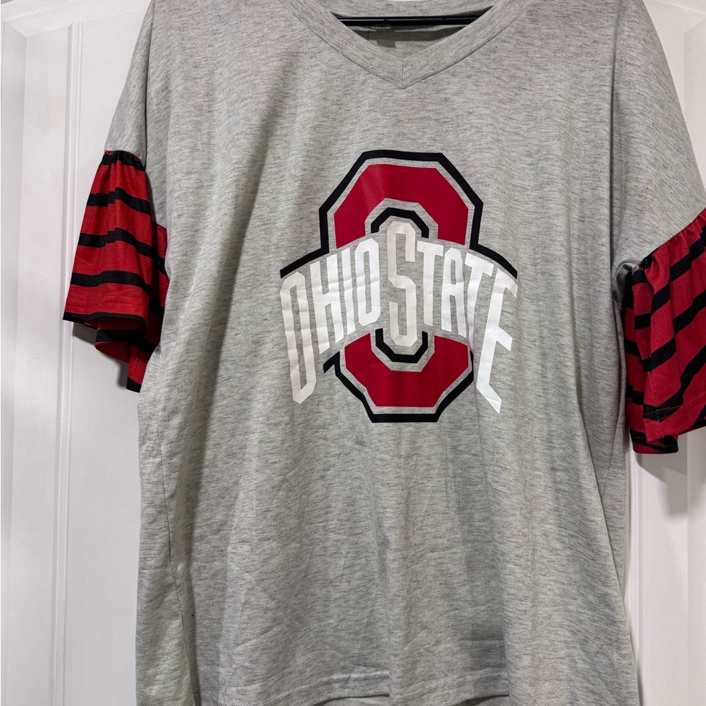 Ohio State Gray and Red Striped Sleeve T-Shirt